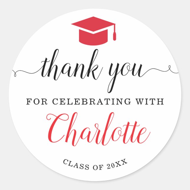 Thank You Script Red Grad Graduation Party Favour  Classic Round Sticker (Front)