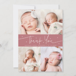 Thank You Script Stars Pink Photo Grid Birth Announcement