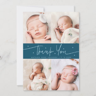 Thank You Script Stars Teal Photo Grid Birth Announcement