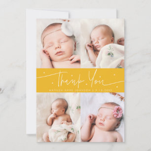 Thank You Script Stars Yellow Photo Grid Birth Announcement
