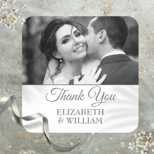 Thank You Script Wedding Photo Silver Favour Square Sticker