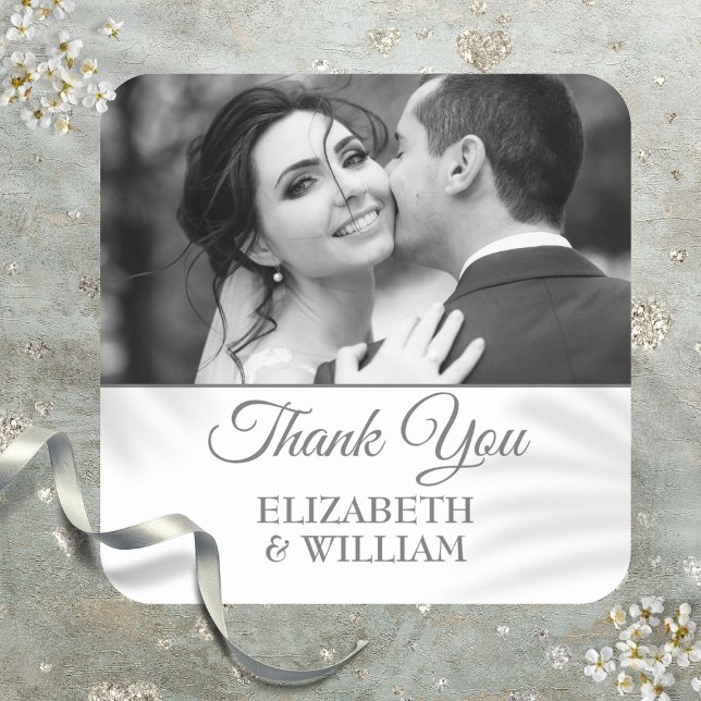 Thank You Script Wedding Photo Silver Favour Square Sticker (Thank You Script Wedding Photo Silver Favor Square Sticker)