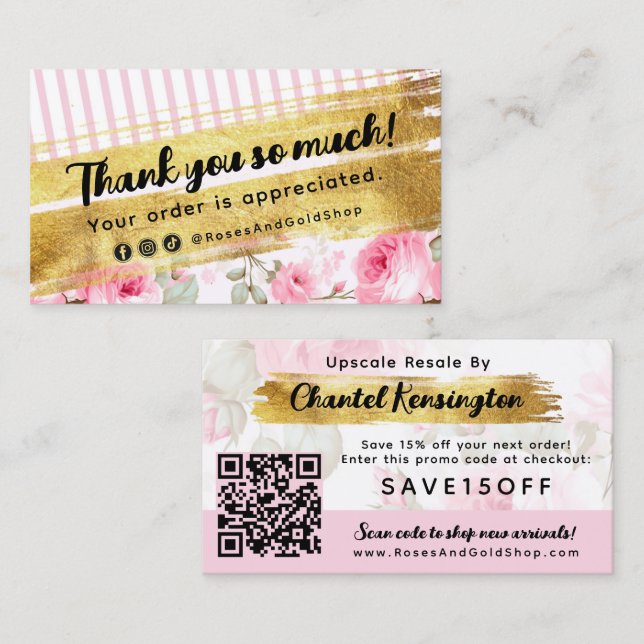 Thank You Shabby Blush Watercolor Roses Discount Business Card (Front/Back)