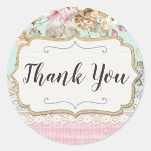 Thank You Shabby Chic Pink Floral Farm Boutique Classic Round Sticker