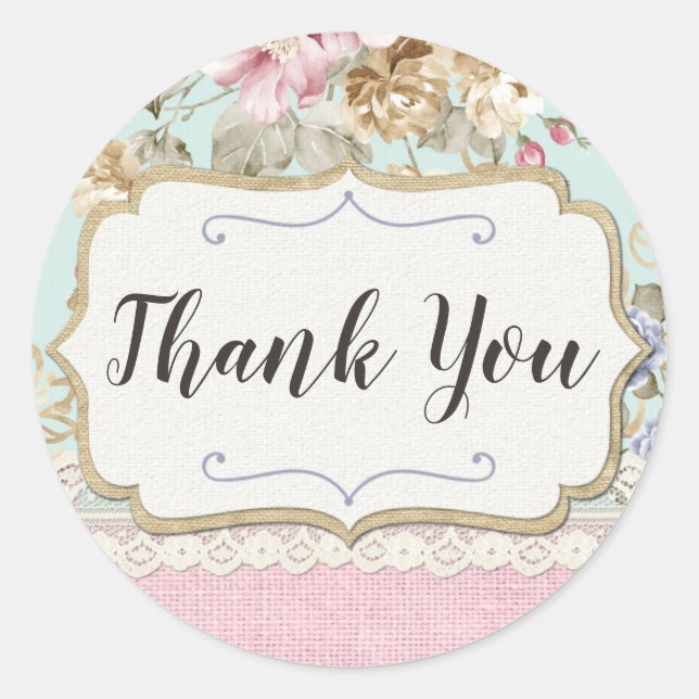 Thank You Shabby Chic Pink Floral Farm Boutique Classic Round Sticker (Front)