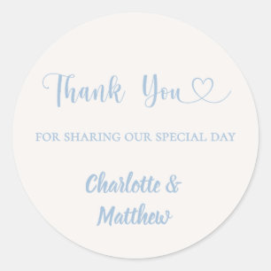 Thank you sharing our day ivory dusty blue wedding classic round sticker