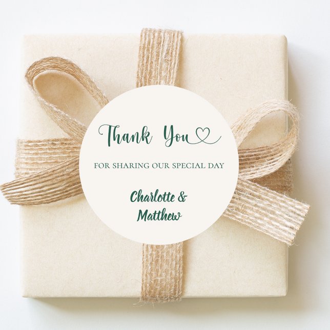 Thank you sharing our day ivory green wedding classic round sticker (Creator Uploaded)