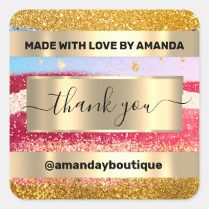Thank You Shopping Custom Glitter Golden Favour Square Sticker