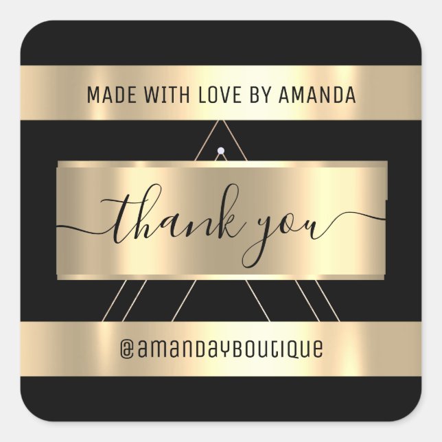 Thank You Shopping Custom Name Gold Black Square Sticker (Front)