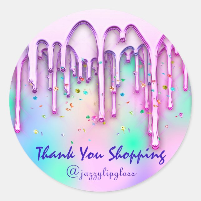 Thank You Shopping Drips Pink Confetti Holographic Classic Round Sticker (Front)
