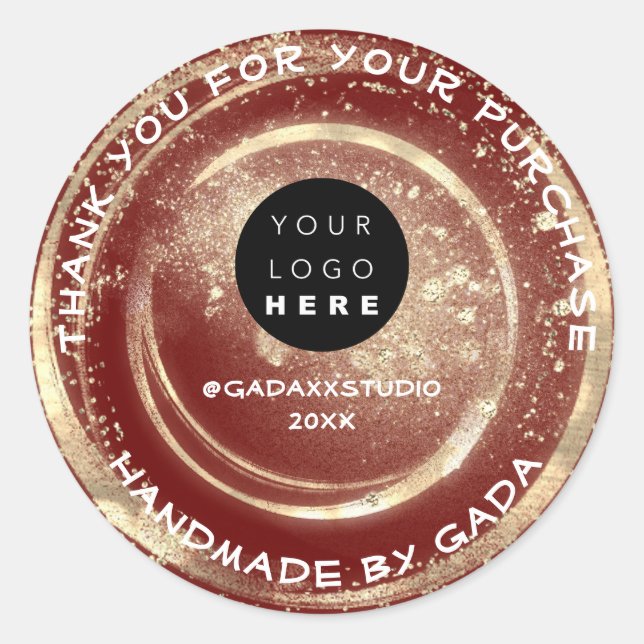 Thank You Shopping Handmade Logo Burgundy Gold Red Classic Round Sticker (Front)