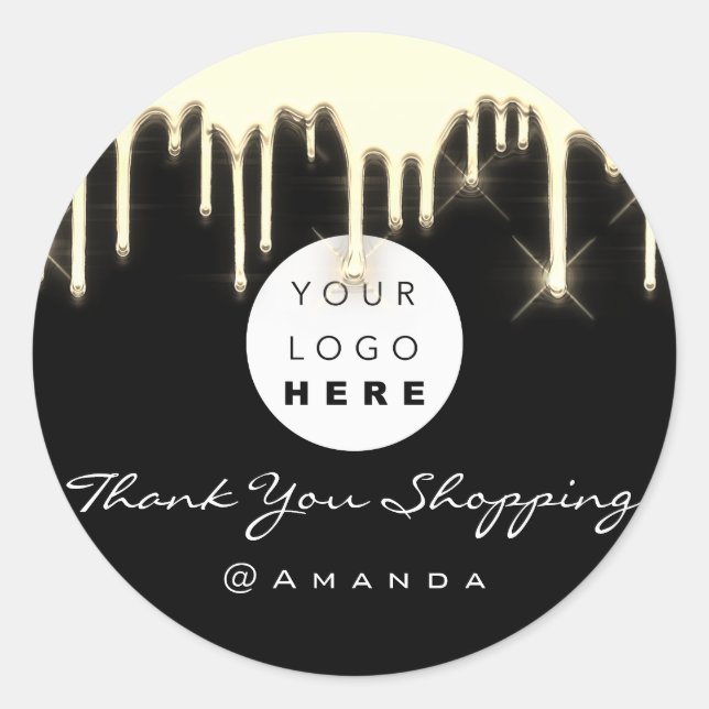 Thank You Shopping Name Logo Black Gold Classic Round Sticker (Front)