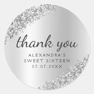 Thank You Silver Glitter Girly Sweet 16 Classic Round Sticker