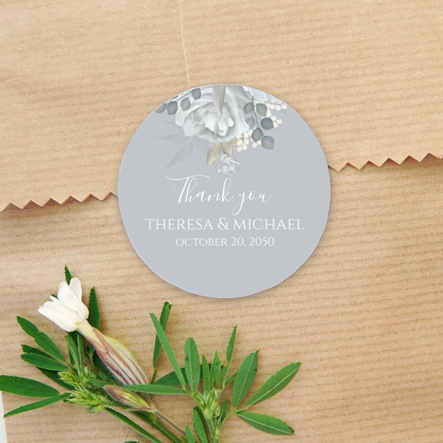 Thank You Simple Blue Floral Elegant Favour Classic Round Sticker (Creator Uploaded)