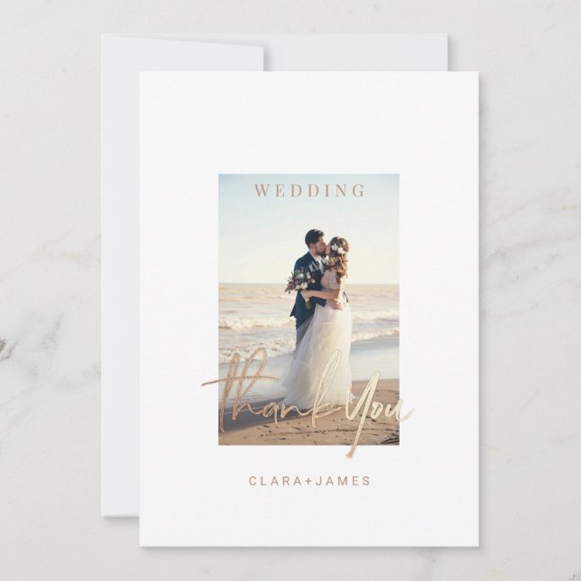 Thank You Simple Script Wedding Beach Photo Card (Front)