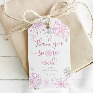 Thank you snow much pink silver snowflakes gift tags