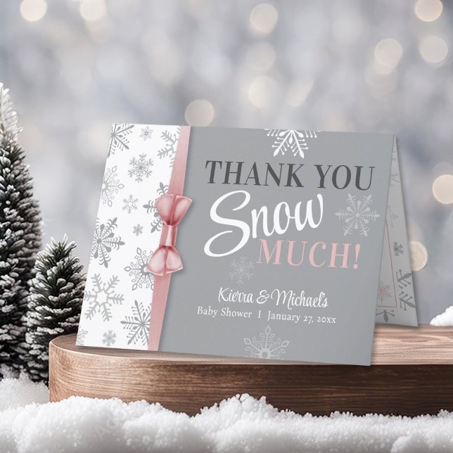 Thank You SNOW Much Pink Snowflake Baby Shower (Thank you SNOW much! Winter wonderland Baby It's Cold Outside Snowflake theme baby girl shower card)