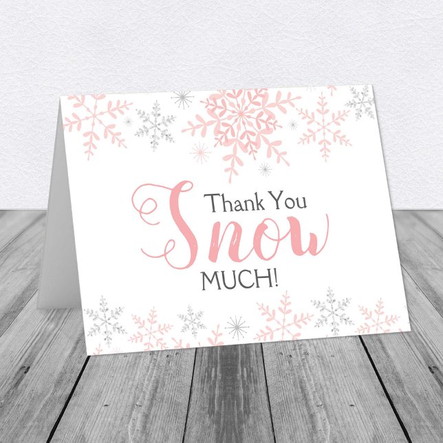 Thank You SNOW Much Pink Winter Baby Shower Note (Pink & Silver Glitter Snowflakes Thank You Snow Much Thank You Note Card)