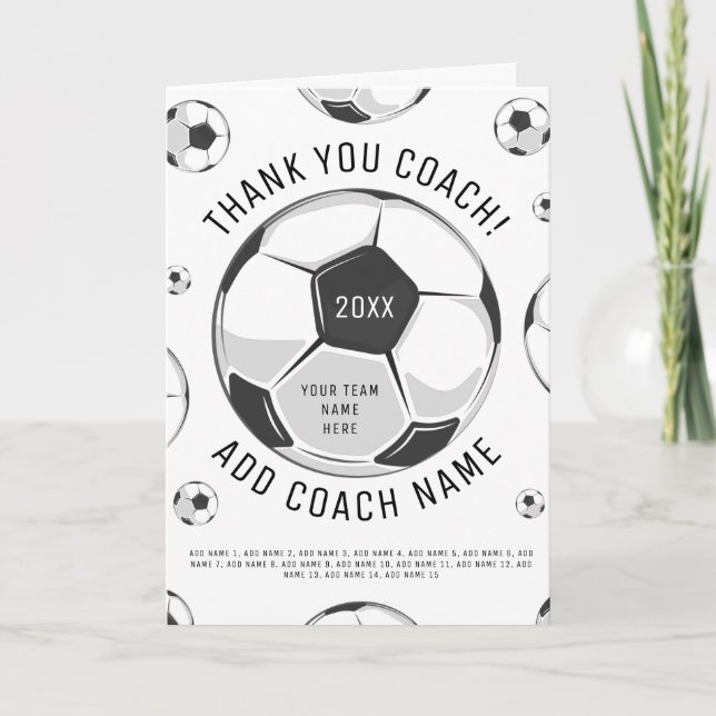 Thank You Soccer Coach Black & White Player Names  Card (Front)