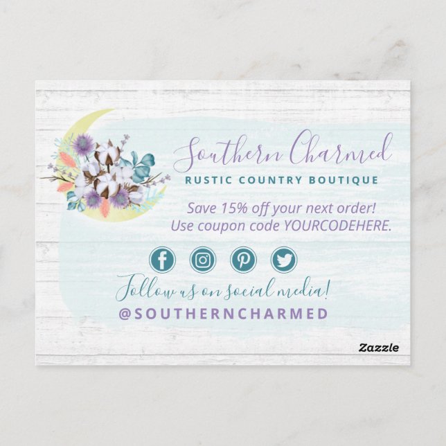 Thank You Southern Floral Cotton Moon Rustic Wood Postcard (Back)