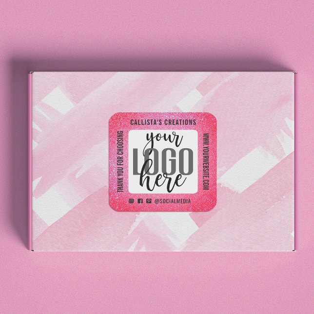 Thank You Sparkly Neon Pink Glitter Business Logo Square Sticker (Creator Uploaded)