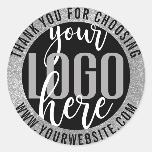 Thank You Sparkly Silver Glitter Business Logo Classic Round Sticker (Front)