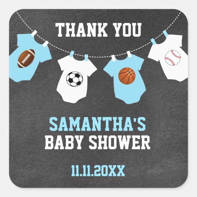 Thank You Sports Theme Baby Shower Chalkboard Boy Square Sticker (Front)