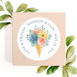 Thank You Spring Floral Chic Modern Name | Wedding Classic Round Sticker<br><div class="desc">Add a touch of elegance to your wedding favours and envelopes with our stylish floral themed wedding stickers, featuring an ice-cream cone filled with pastel flowers and succulents and macarons. Simple yet elegant with maroon text on a white background. Add your event details by editing the text in the text...</div>