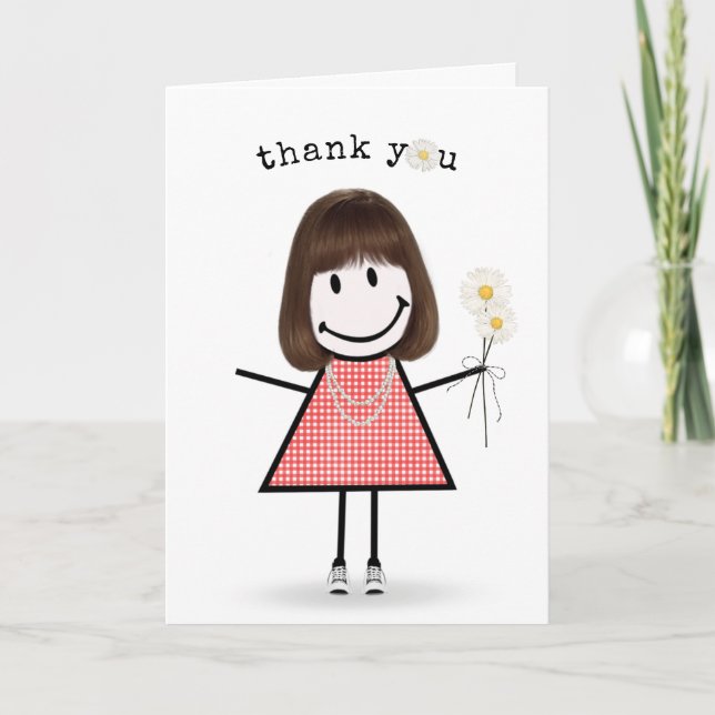 Thank You Stick Figure Girl with Daisies  Card (Front)