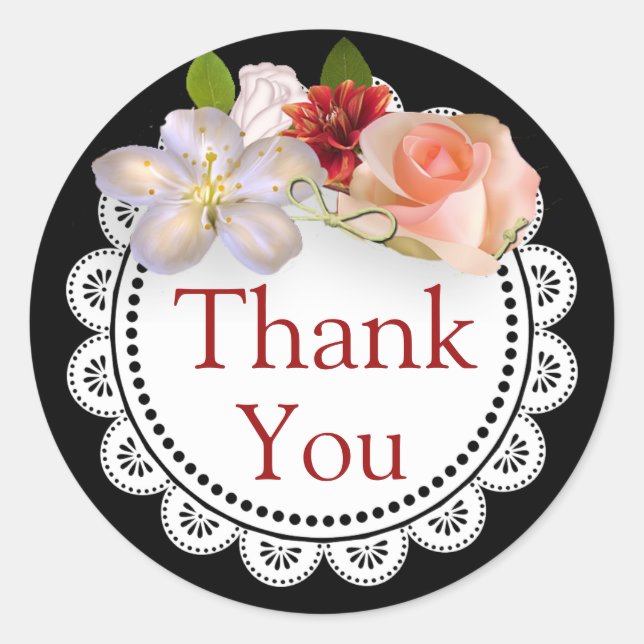 Thank You Stickers Black and Coral Floral Bouquet (Front)