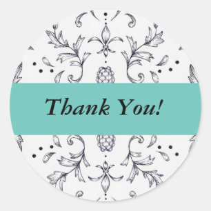 Thank You Stickers Damask Black and Teal