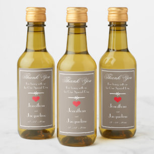 Thank You Stone-Beige Red Heart White Script Mini Wine Label