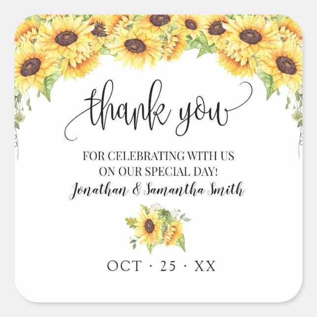 Thank you sunflowers floral country chic wedding square sticker (Front)