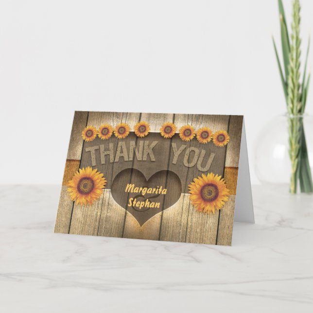 thank you sunflowers & wood  wedding cards (Front)