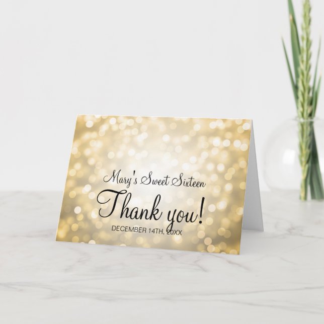 Thank You Sweet 16 Birthday Gold Glitter Lights Card (Front)
