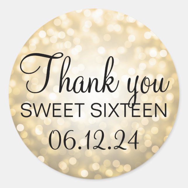 Thank You Sweet 16 Birthday Gold Glitter Lights Classic Round Sticker (Front)