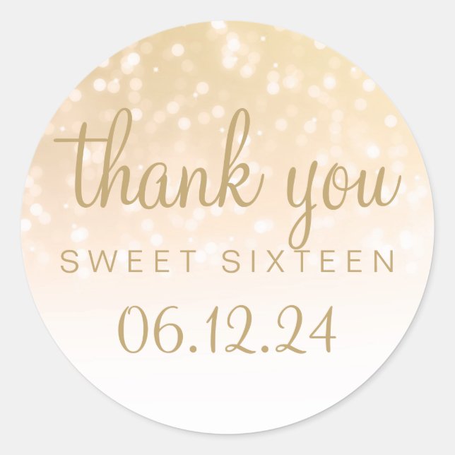 Thank You Sweet 16 Gold Bokeh Sparkle Lights Classic Round Sticker (Front)
