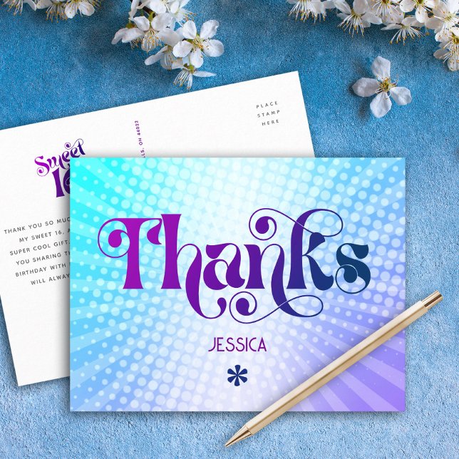 Thank You Sweet 16 Groovy Purple Blue Gradient Postcard (Creator Uploaded)
