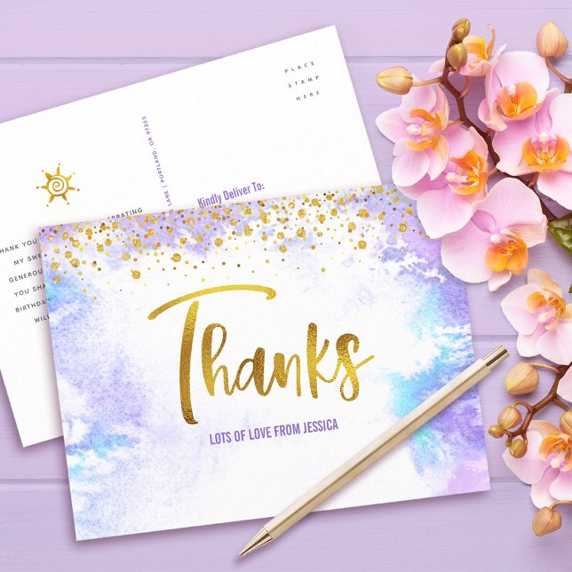 Thank You Sweet 16 Purple Watercolor Gold Birthday Postcard (Creator Uploaded)