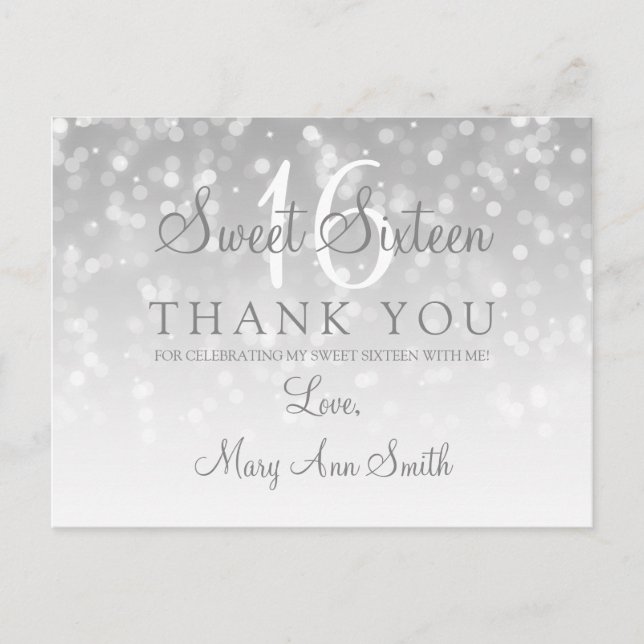 Thank You Sweet 16 Silver Bokeh Sparkle Lights Postcard (Front)