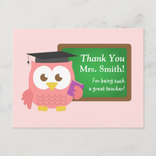 Thank you, Teacher Appreciation Day, Cute Pink Owl Postcard