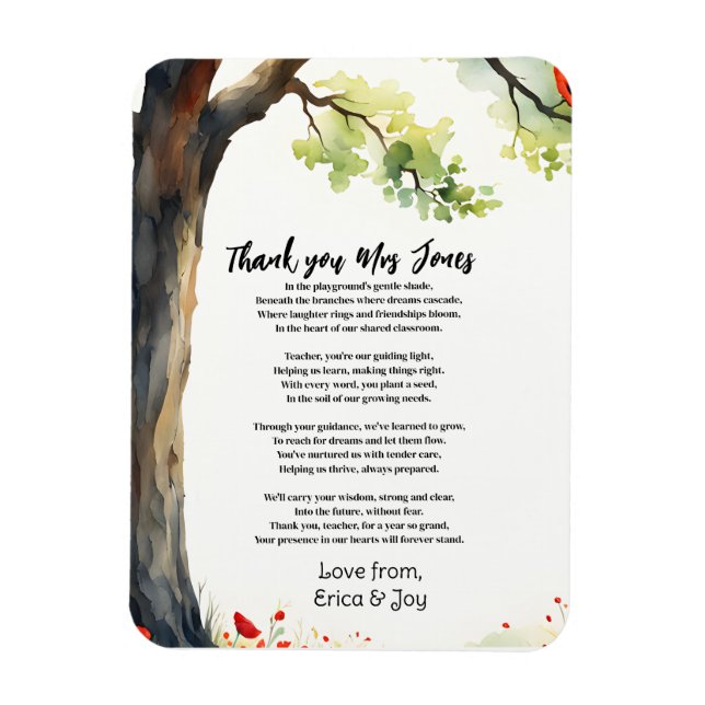 thank you teacher Appreciation poppy tree poem Magnet (Vertical)