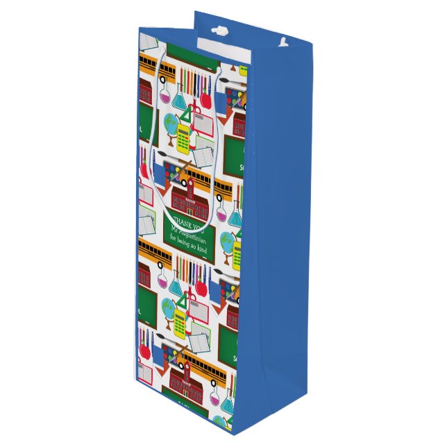 THANK YOU Teacher Appreciation School BLUE Wine Gift Bag (Front Angled)