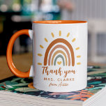 Thank You Teacher Custom Name Boho Rainbow Sun Mug<br><div class="desc">The Custom Name Boho Earth Tone Rainbow Sun Teacher mug is a unique and stylish gift that combines bohemian and earthy elements with a vibrant rainbow sun. In addition to the striking graphic, the mug can also be customised with your own name, making it a truly personalised piece. The name...</div>