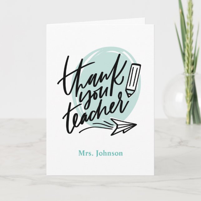 Thank you Teacher Mint Paper Plane Editable Card (Front)