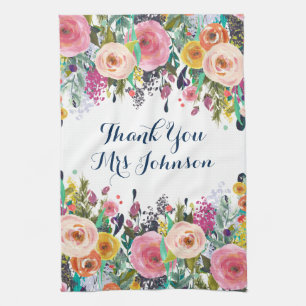 Thank You Teacher Painted Floral Kitchen Towel