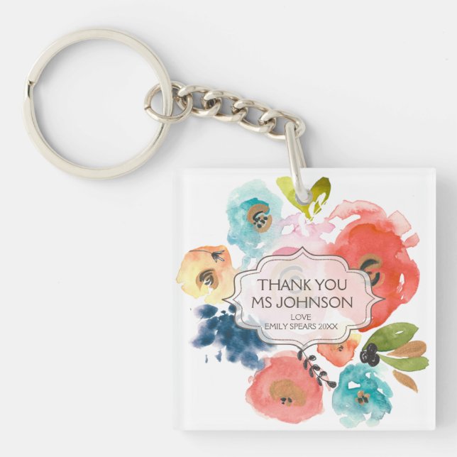 Thank You Teacher Personalised Flowers Gift Key Ring (Front)