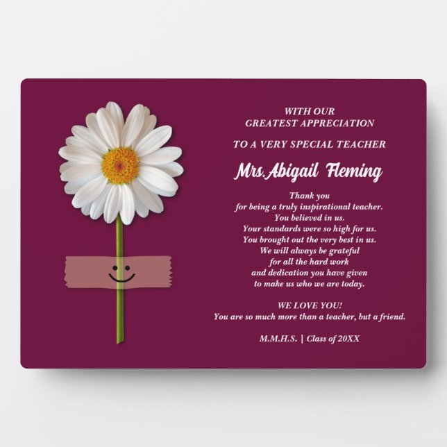 Thank You, Teacher. Smiling Daisy Custom Gift  Plaque (Front)