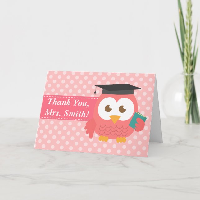 Thank You Teacher, Teacher Owl, Pink Polka Dots Card (Front)