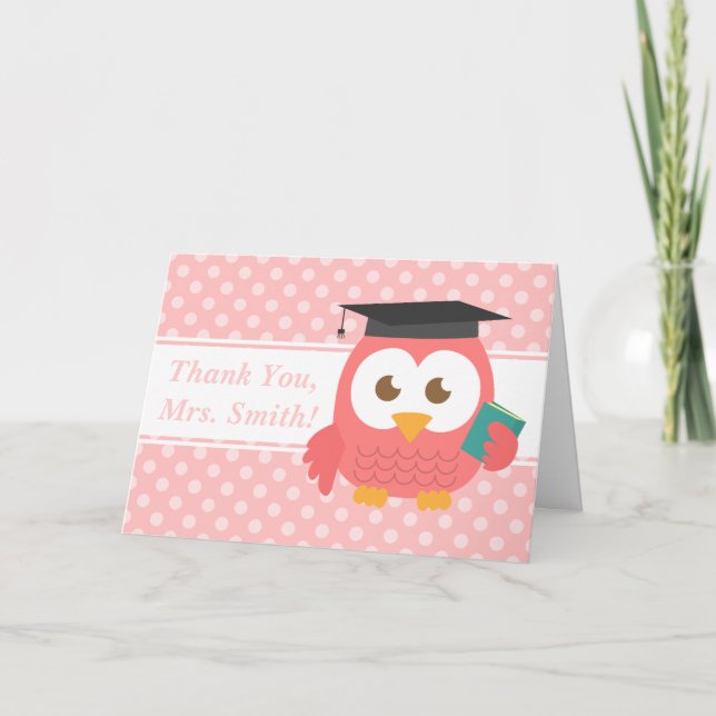Thank You Teacher, Teacher Owl, Pink Polka Dots Card (Front)
